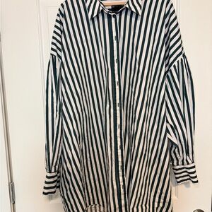 ASOS DESIGN Curve boyfriend shirt mini dress with blouson sleeve in green stripe